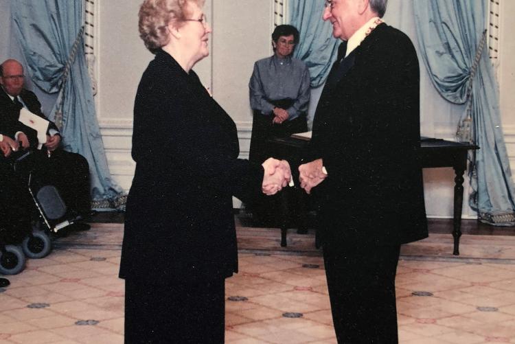 Marion Reid receiving the Order of Canada in Rideau Hall from Romeo LeBlanc, Govenor General of Canada