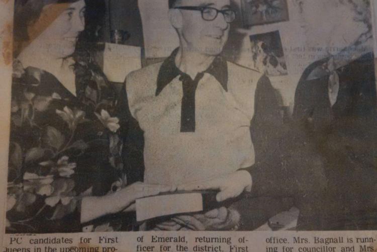 Guardian newspaper clipping picturing PC candidates Leone Bagnall and Marion Reid with Fenton Mayne of Emerald, returning officer 