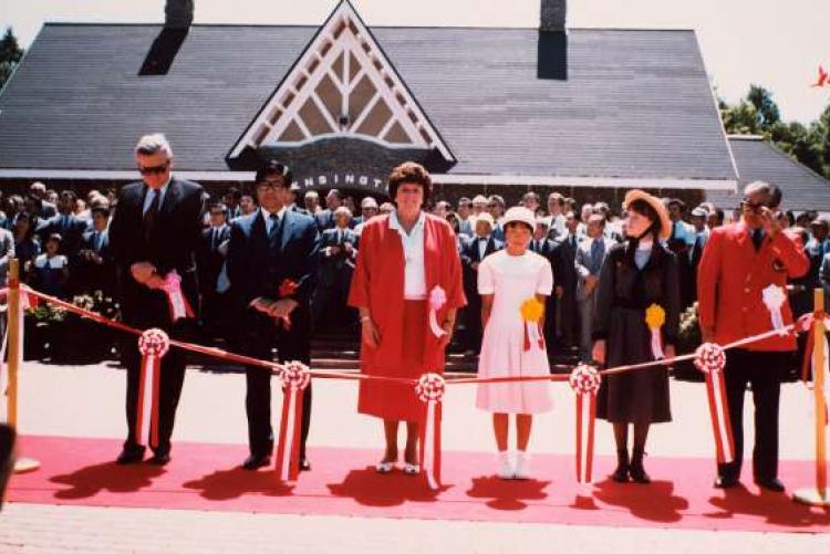 Group photo with PEI Minister of Tourism Nancy Guptill at official opening of "Anne's World" in Japan